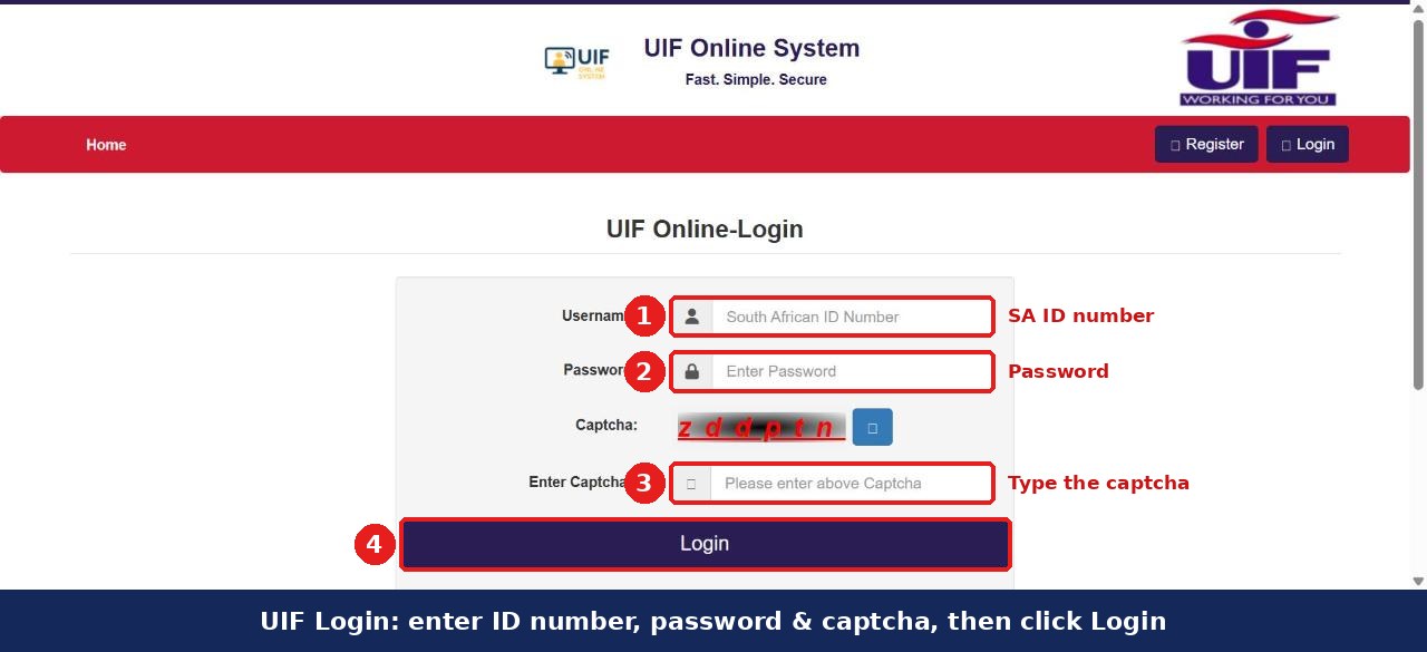 UIF Online login page with ID number, password and captcha fields